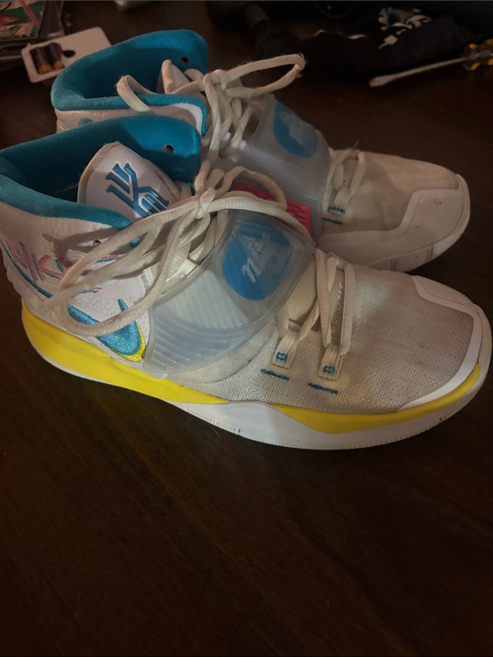 Nike Kids High-Top Sneakers in White, Yellow & Blue